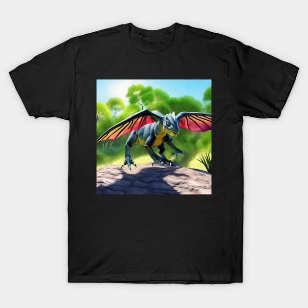 Jungle Dragon with Butterfly Wings Landing on Rock T-Shirt by dragynrain